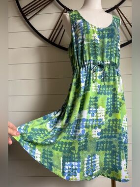 Blue Ginger Hawaiian Sleeveless Green & Blue Batik Dress w Drawstring Waist - XL